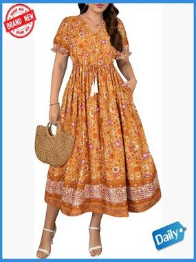 Plus Size Midi Dress V Neck Short Sleeve Ruffle Boho Drawstring Tassel Waist
